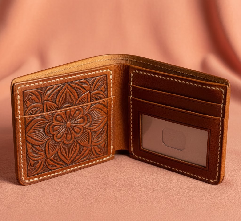 Handcrafted leather wallet with embossed design